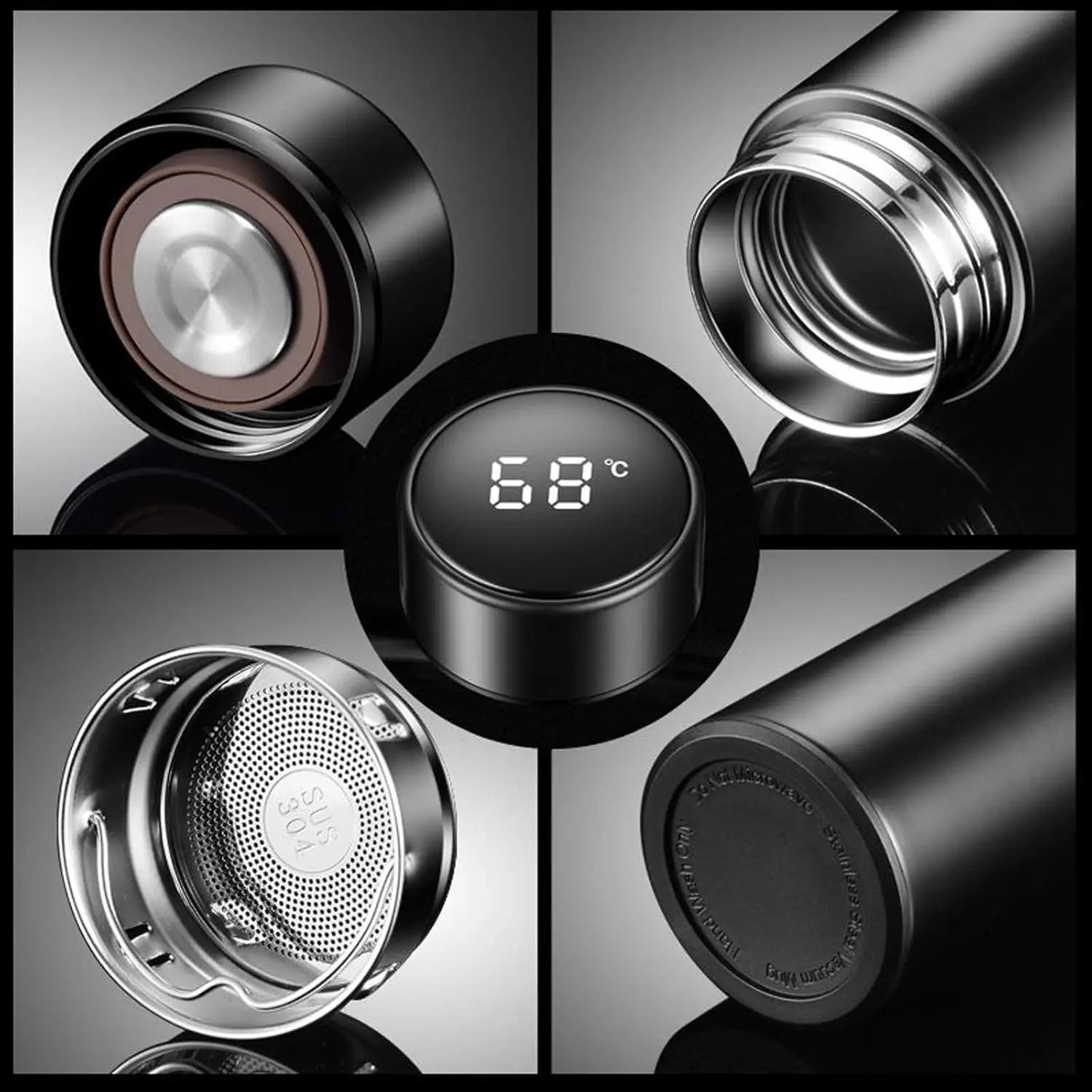 Temperature Display Water Bottle - 500ml | Double Wall Vacuum Insulated Stainless Steel Flask (Black) - Image 3
